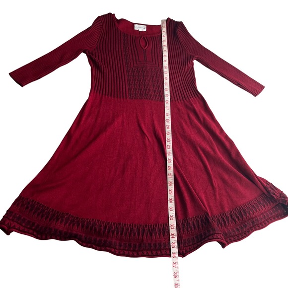 Olive + Oak Burgundy Knit Sweater Dress Keyhole Neck Geometric Pattern Midi L - Picture 6 of 8